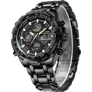 Luxury Stainless Steel Analog Digital for Men  Sport Waterproof Wristwatch-Black